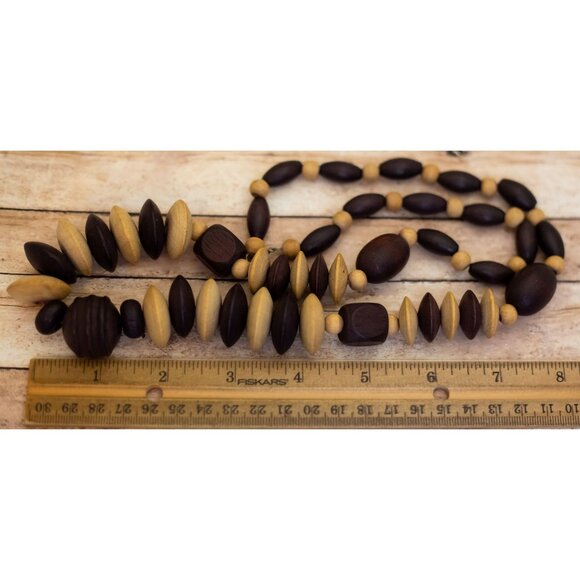 30 inch, Vintage Wooden Beige & Brown Discs Unique Beaded Necklace - XX9 - Picture 3 of 3